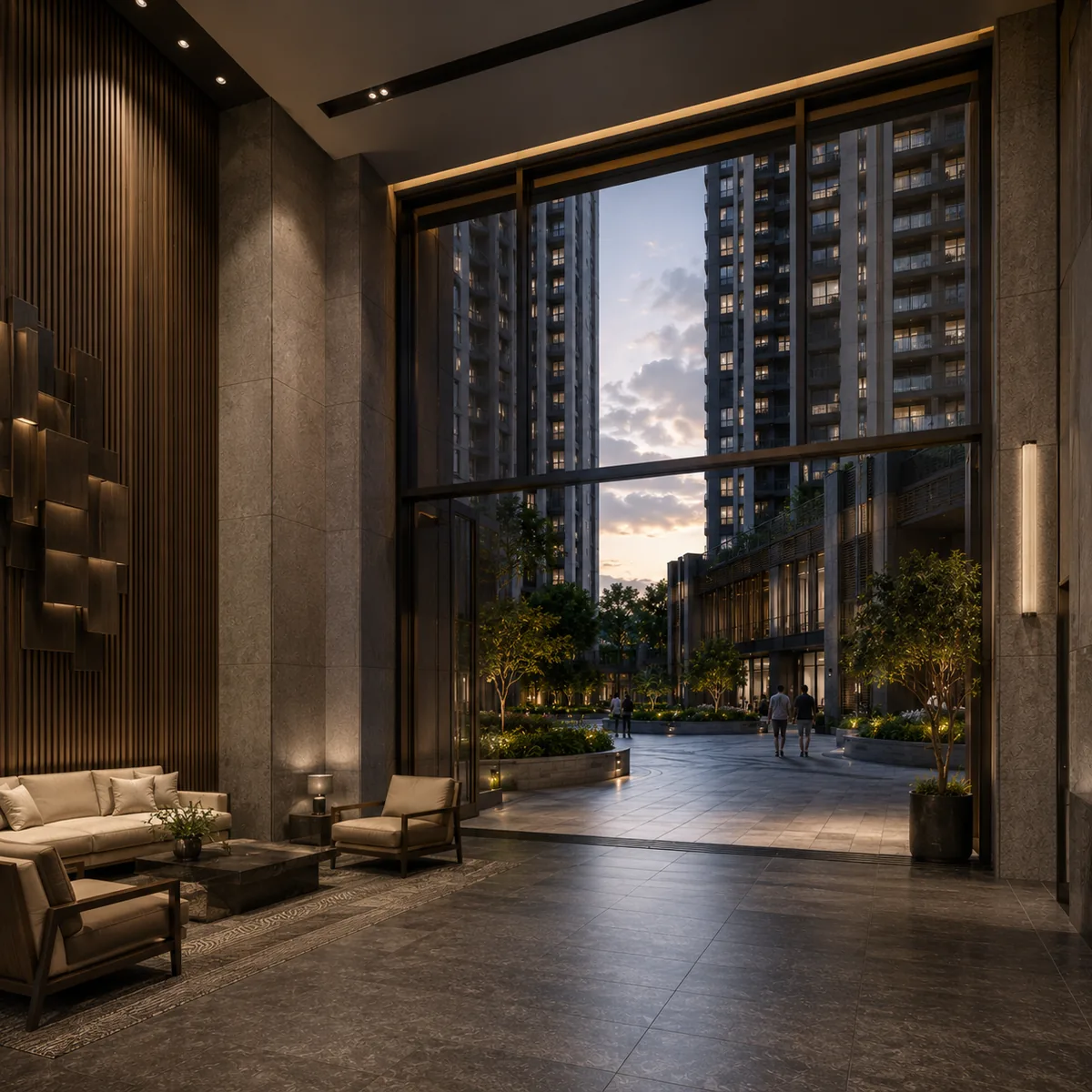 Pride Tumkur Road indicative double-height tower lobby opening onto the podium level at Nagasandra, Bengaluru Pride Tumkur Road indicative double-height tower lobby opening onto the podium level at Nagasandra, Bengaluru