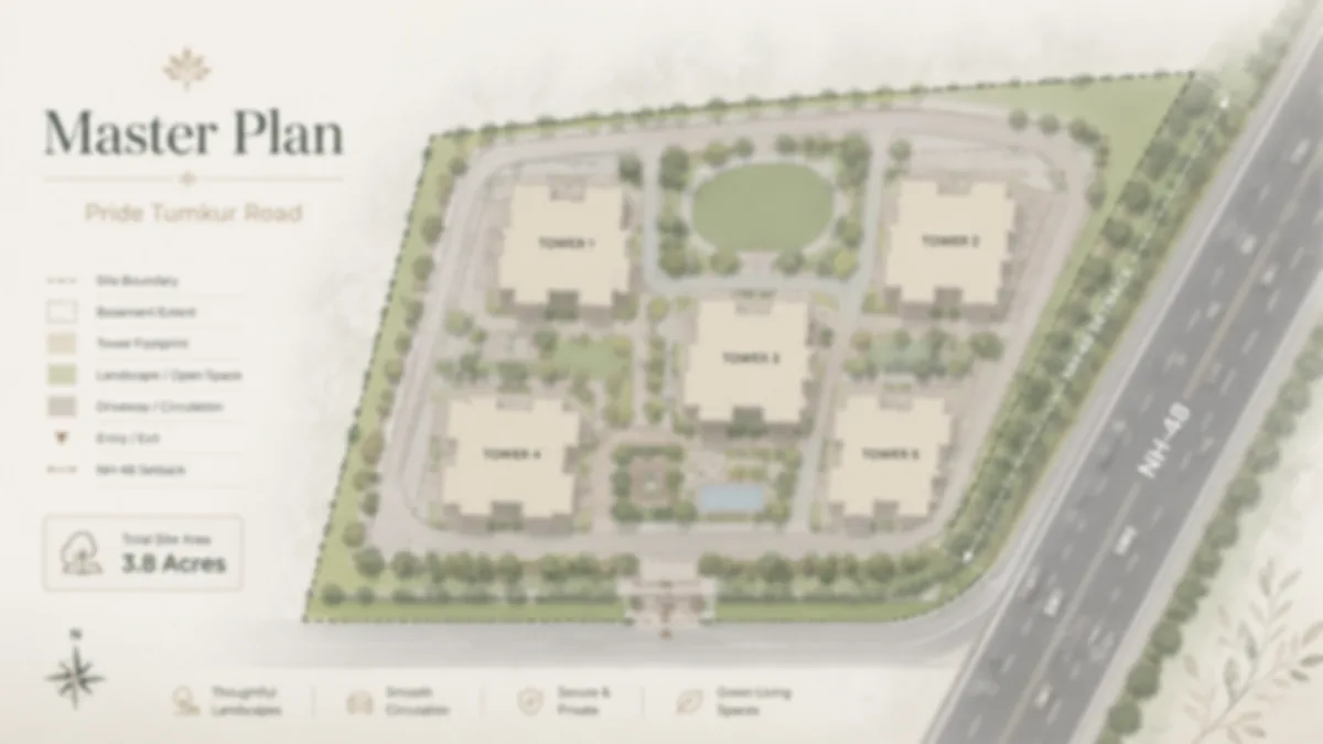 Pride Tumkur Road indicative master plan across 3.8 acres, showing five tower footprints, the basement extent and the NH-48 setback at Doddabidarakallu, Nagasandra
